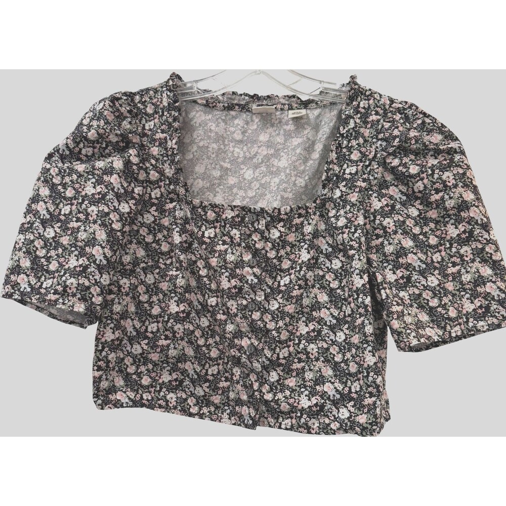 Levis Joella Semi Cropped Top Womens Size Large Pink Black Ditsy Floral Cotton